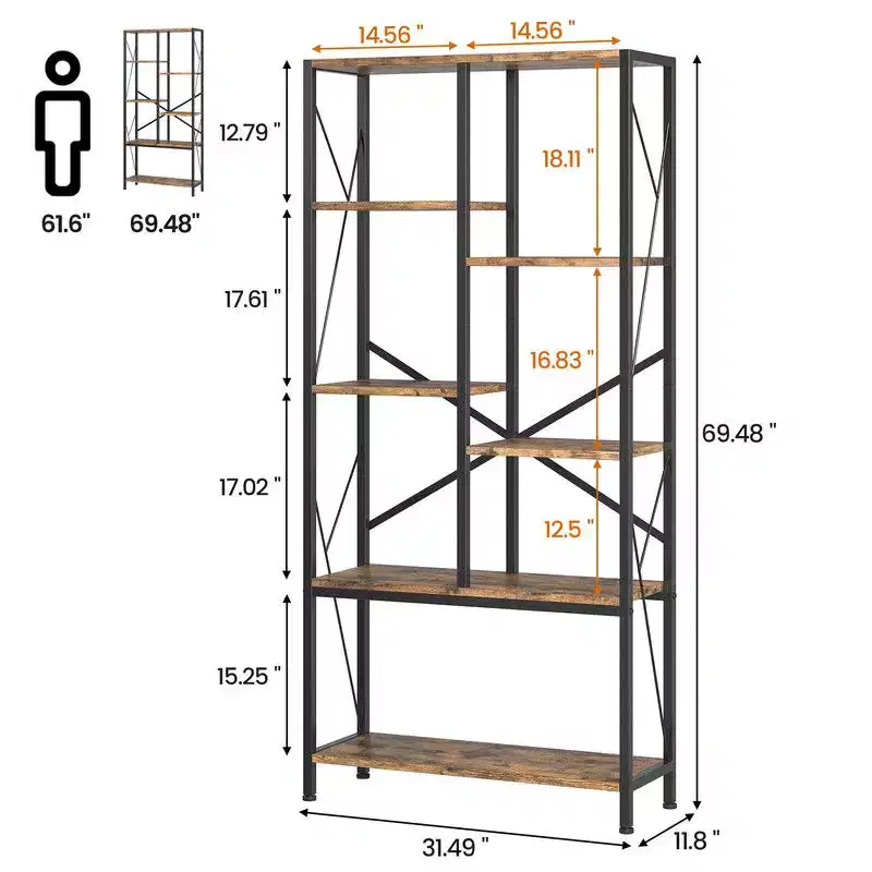 Coolmee Industrial Bookshelf, Split Level Vintage Storage Bookcase Tall Standing Metal Frame Open Display Racks for Bedroom, Living Room