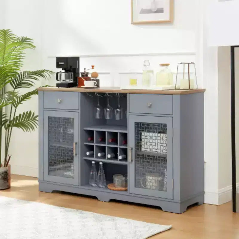 Modern Farmhouse Buffet Cabinet, Sideboard with 2 Drawers and Elegant Glass Door Cabinets, Wine and Glass Rack, Coffee Bar for Kitchen
