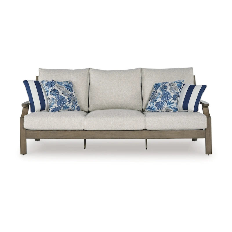 Inaya Outdoor Sofa, 4 Throw Pillows, Cream White, 89 Inch Brown Metal