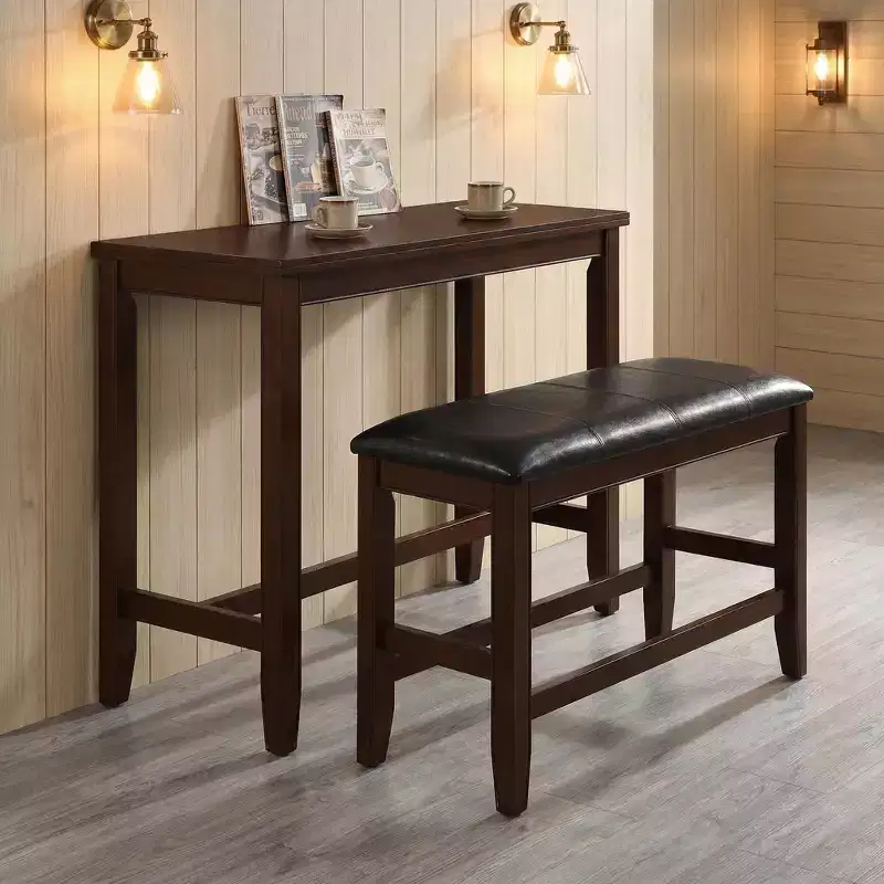 GDFStudio Dawson Farmhouse Wood Counter Height Dining Bench with Faux Leather Upholstered Cushion Seat and Footrest