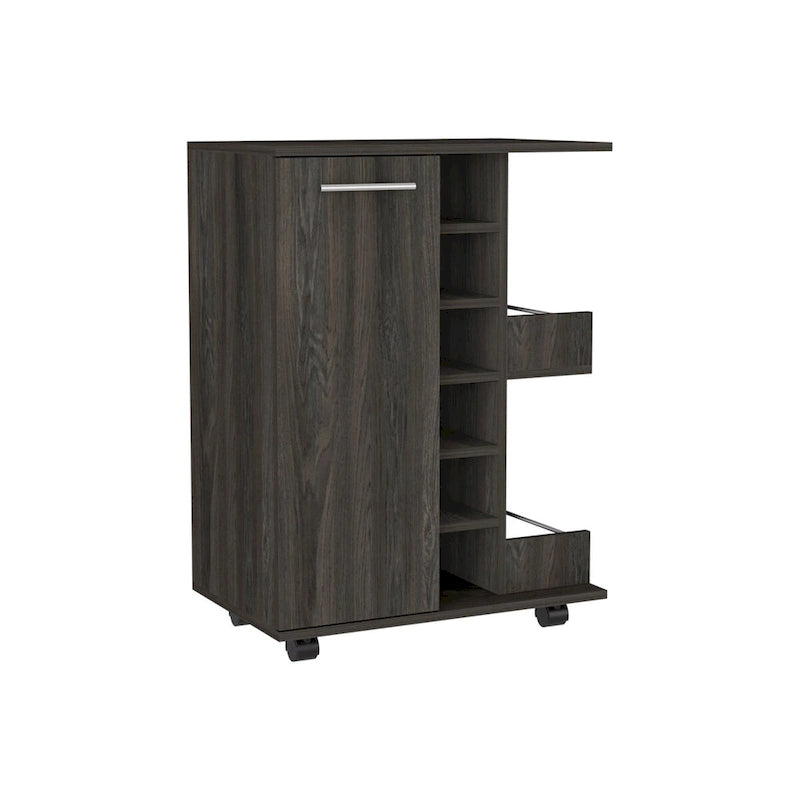 Rolling Bar Cart with Enclosed Cabinet 6-Bottle Wine Cubby and Open Bottle Shelves