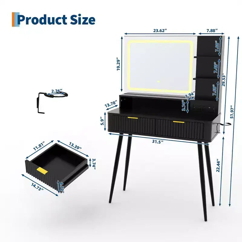 LED Vanity Desk with Mirror and Lights, Dressing Table with 2 Drawers & Charging Station