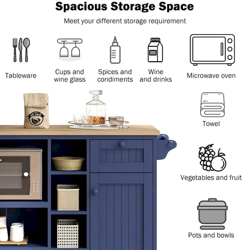 Rolling Kitchen Island Cart with Open Shelves Drawers Cabinet and Microwave Space