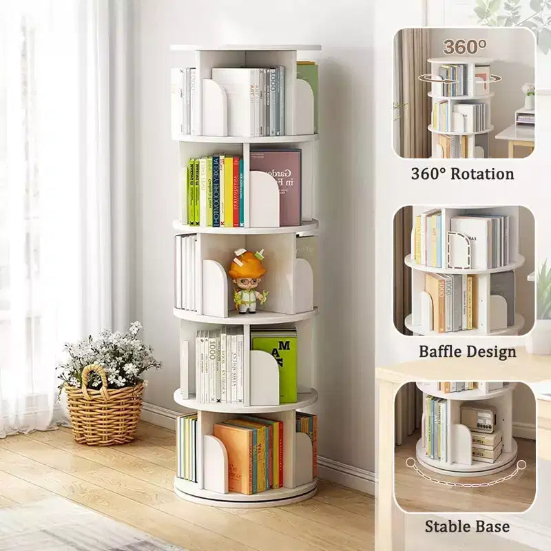 5-Tier 360�� Rotating Bookshelf Tower, Natural Wood