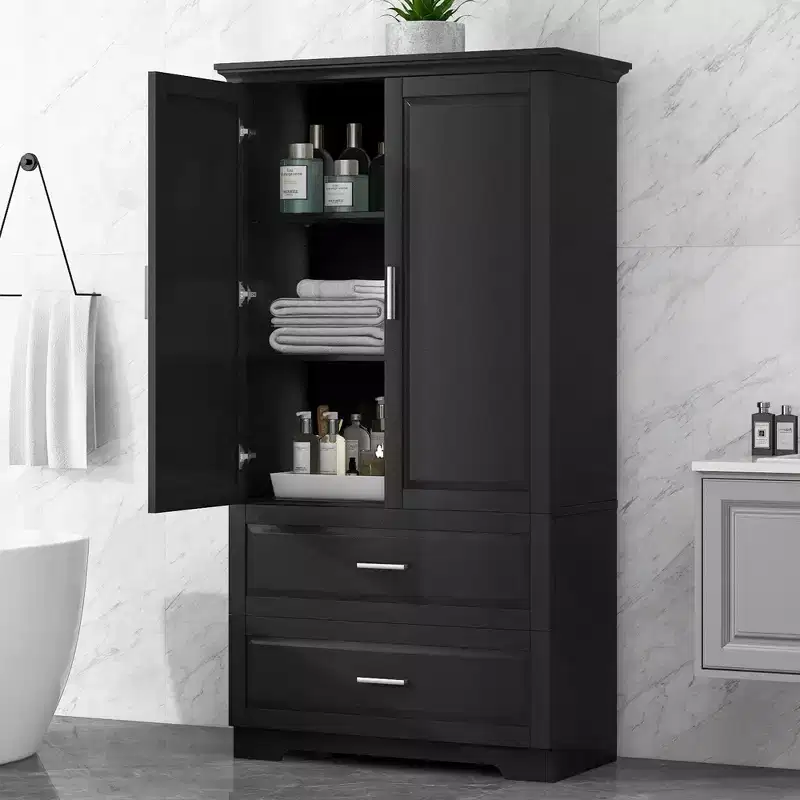 Tall Bathroom Storage Cabinet with 2 Doors, 2 Drawers and Adjustable Shelf, MDF