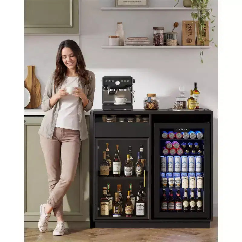 Coffee Bar Cabinet with Fridge Space, Buffet Sideboard with LED Lights & Power Outlets, Glass Door Liquor Storage Cabinet, Black