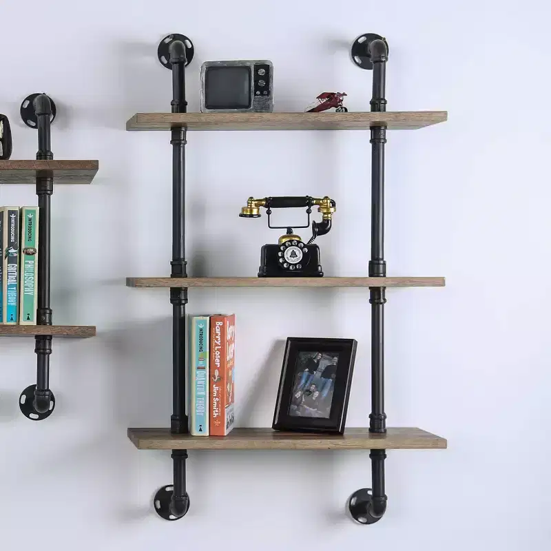 24/7 Shop At Home Dylan 3 Layer Floating Shelves Natural: Industrial Ladder Wall, Metal Frame