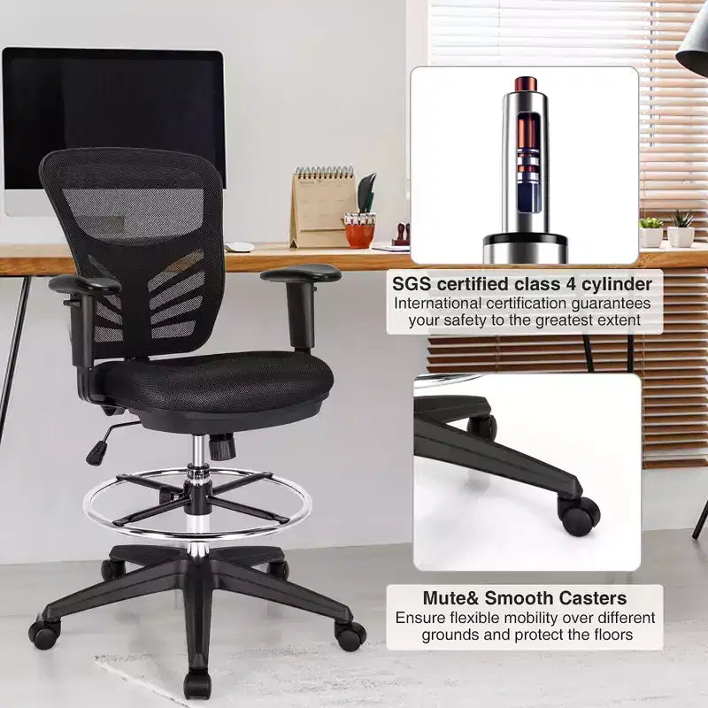 Mesh Drafting Chair with Adjustable Armrests & Foot-Ring