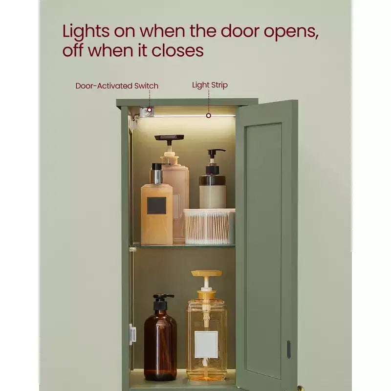 Tall Bathroom Cabinet with Lights, Slim Bathroom Storage Cabinet, Freestanding Narrow Cabinet with Adjustable Shelves, for Small Spaces, Modern