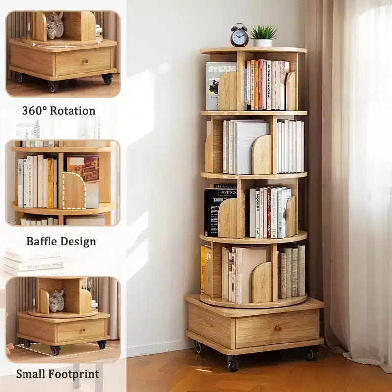 5-Tier 360° Rotating Bookshelf, Space-Saving Spinning Tower, Multi-Room