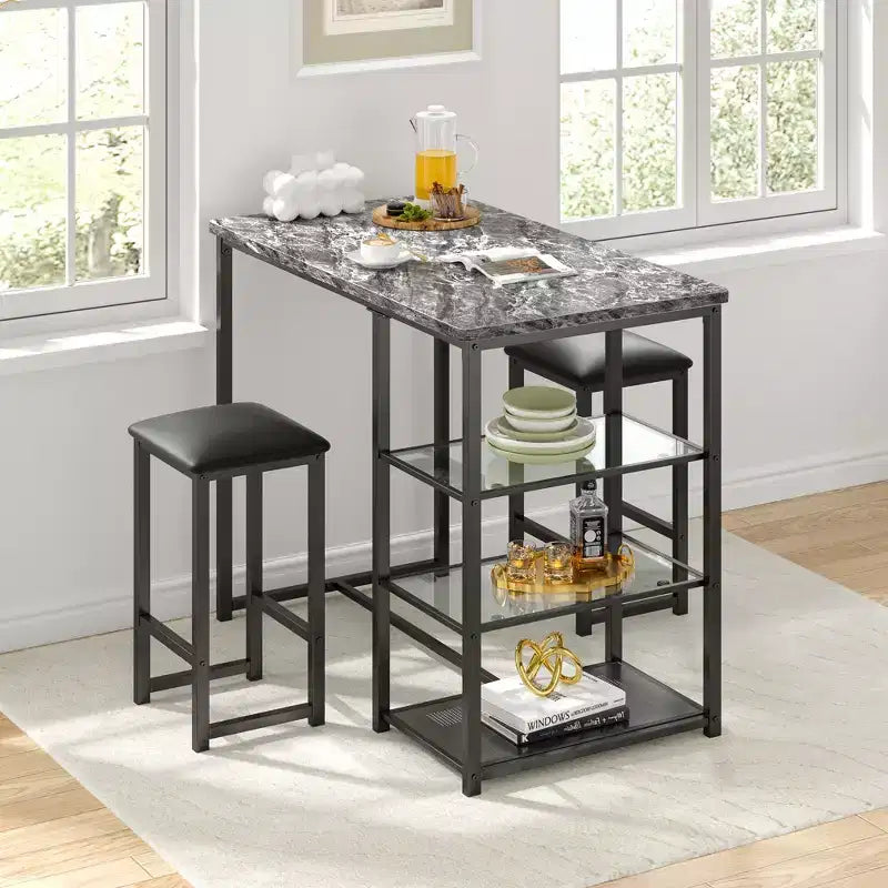 VECELO Kitchen Dining Table Set for 2, 3 Pieces Counter Height Bar Table and Chairs with PU Leather Chairs and Storage Shelves, Black Marble/Oak/Brown