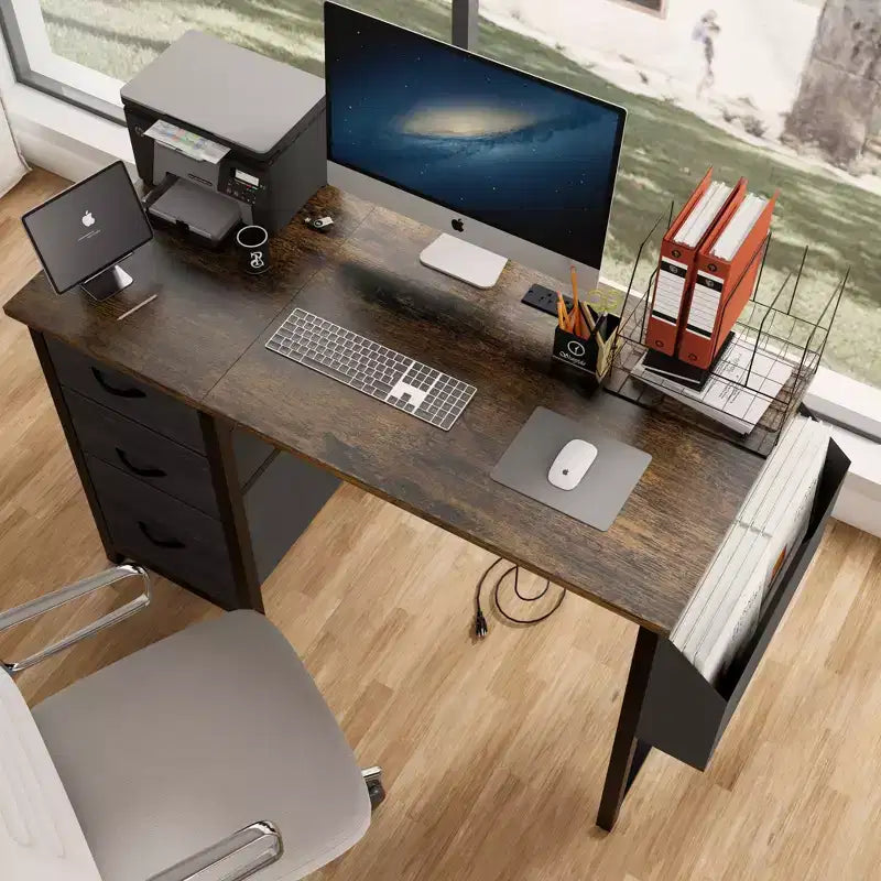 Modern Home Office Computer Desk with Drawers & Shelves, Writing Desk with Side Bag for Study & Office