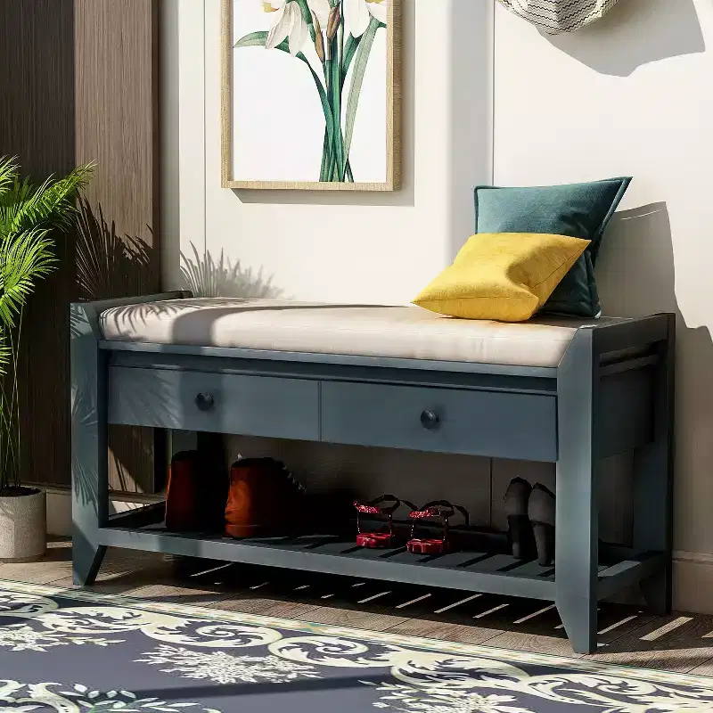 Multipurpose Storage Bench, Solid Wood Storage Bench With Open Shoe Rack, 2 Drawers, Shoe Bench With Padded Cushion for Hallway