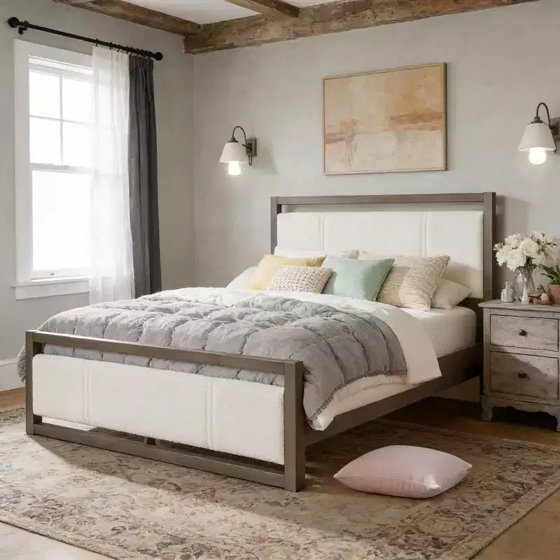 Christopher Knight Home Bellane Modern Wood Platform Bed Frame with Ivory Boucle Headboard