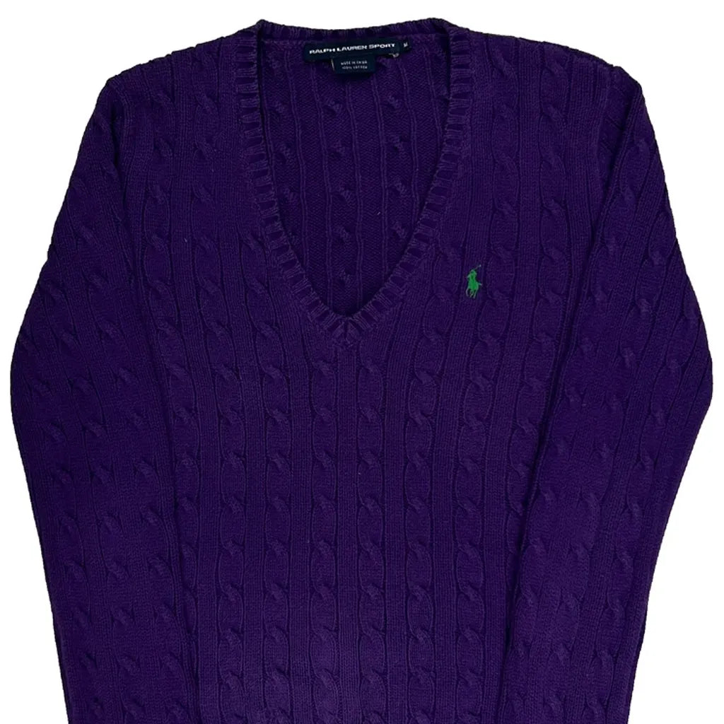 Purple Cable Knit V-Neck Long Sleeve Top Medium Cotton