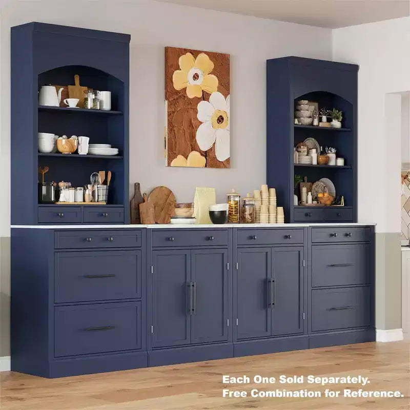 Freestanding Kitchen Pantry Cabinet with Faux Marble Top