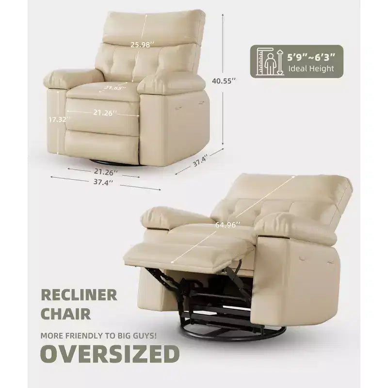 Oversized PU Leather Manual Recliner,Single Sofa with Deep Seat, Arms & Back, Side Storage Pocket, Comfortable Reclining Chair for Living Room