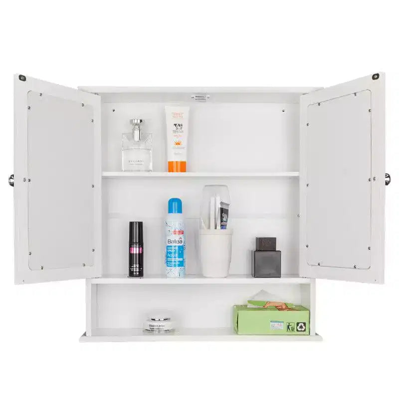 Wall-Mounted Bathroom Cabinet with Double Mirror Doors, 3-Tier
