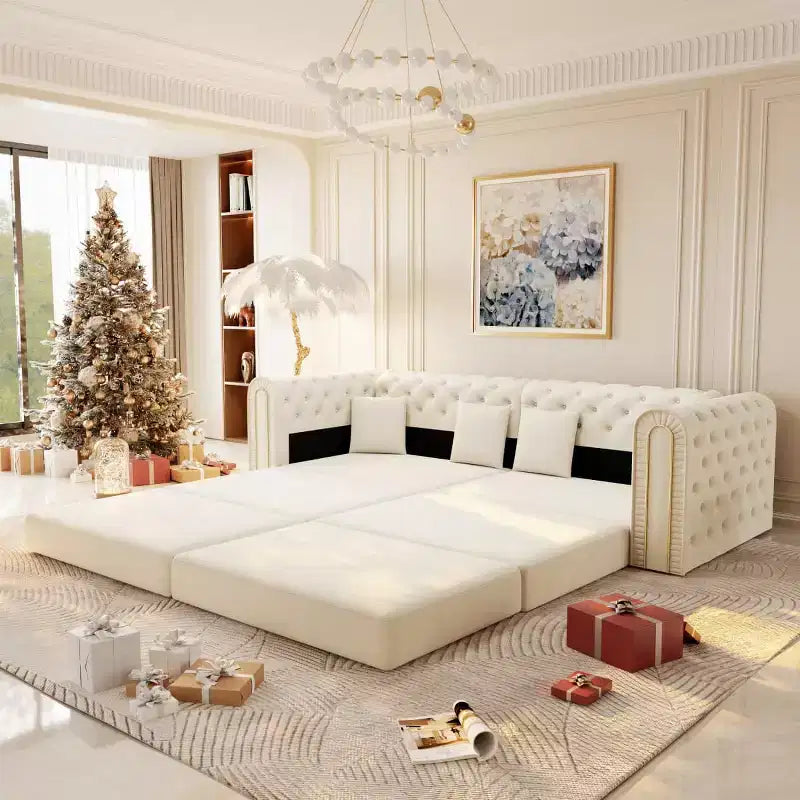 Modern 3-in-1 Convertible Sleeper Sofa Bed with Ottoman and Pillows, Velvet Reclining Couch for Living Room, Guest Room or Lounge - Panipeachy