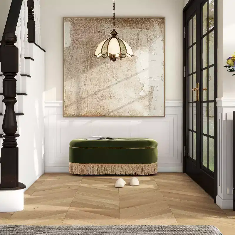 Okak Vintage Pull-Open Top Velvet Tufted Button Ottoman Bench with Bullion Fringe,Oval Upholstered Storage Ottoman for Bedroom,Entrance