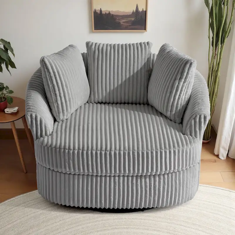 Oversized 43 W Plush Corduroy Recessed Arm Swivel Barrel Chair