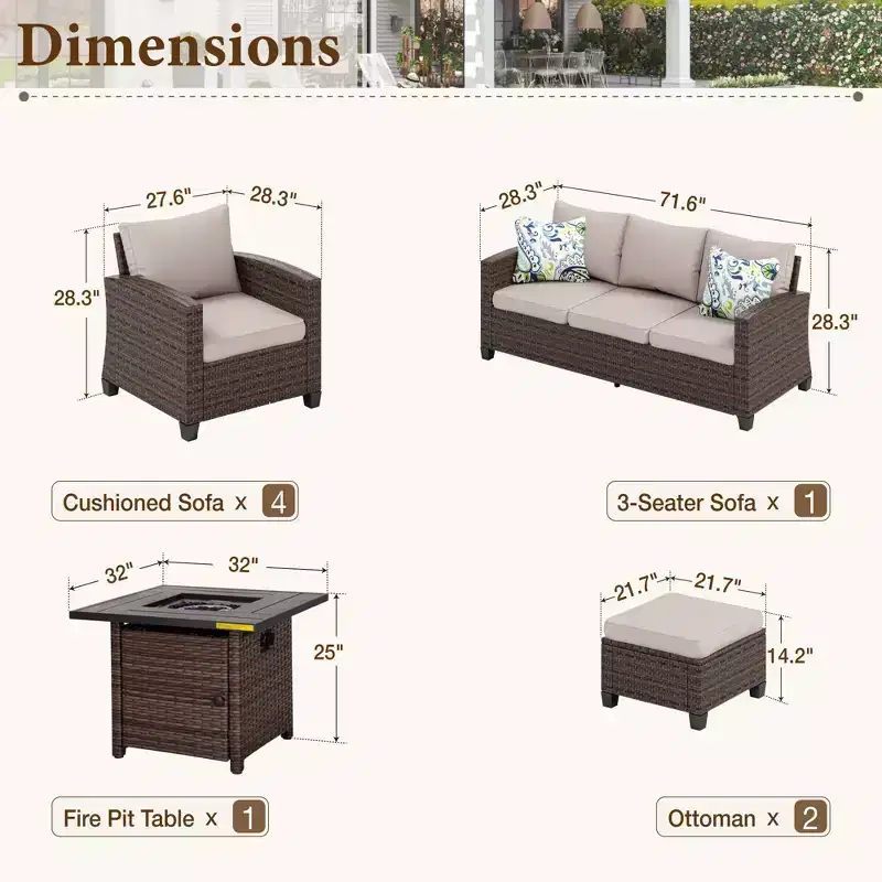 Captiva Designs 8pc Outdoor Patio Wicker Rattan Cushioned Fire Pit Set with Ottomans and Single Sofas