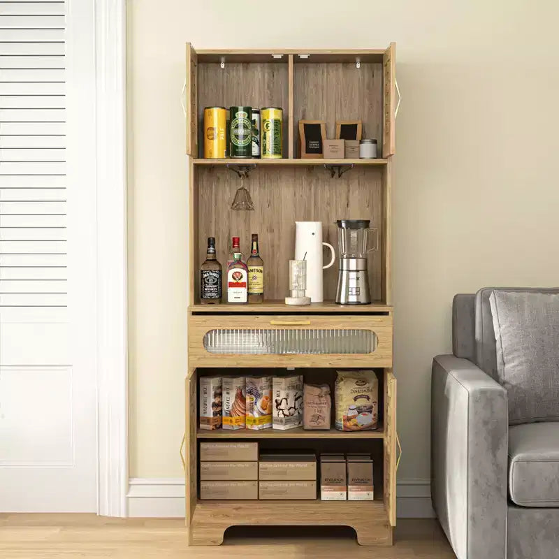 67''/71 Tall Freestanding Hutch Cupboard, Liquor Cabinet Bar, Buffet Cabinet for Kitchen and Dining Room, Natural 4A - ModernLuxe