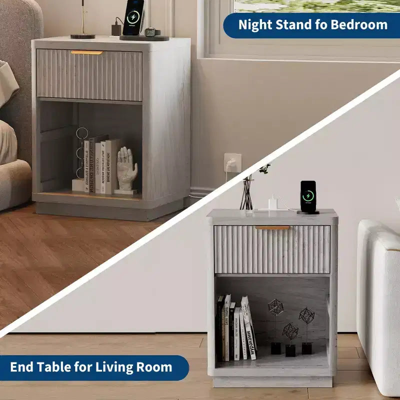 Fluted Nightstand with Charging Station and Drawers