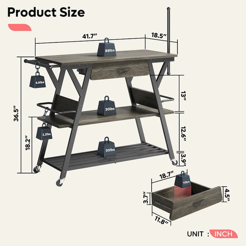 41.7 inch Wide Rolling Kitchen Island with Drawer