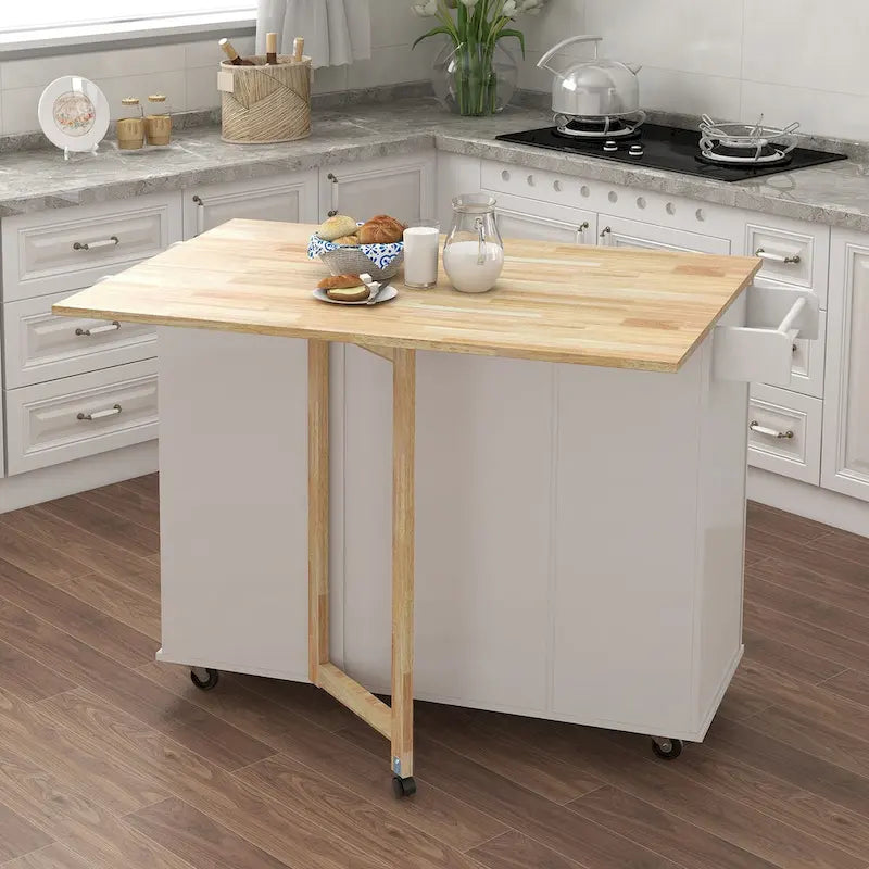 Rolling Kitchen Island Cart with Folding Top Drawers and Spice Rack