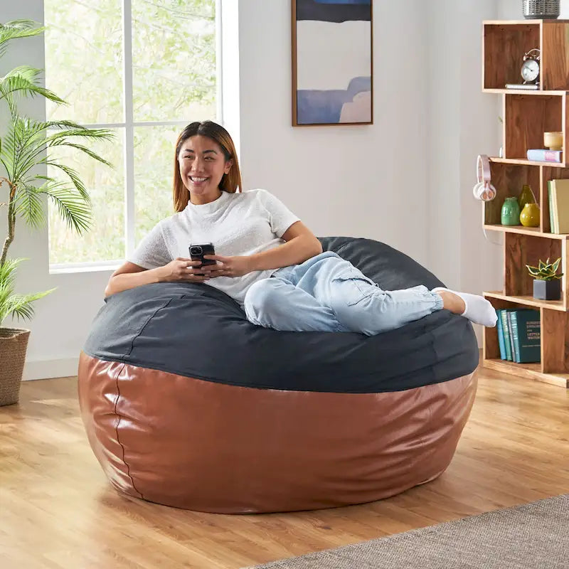 Modern 5 Foot Two Toned Fabric and Faux Leather Bean Bag