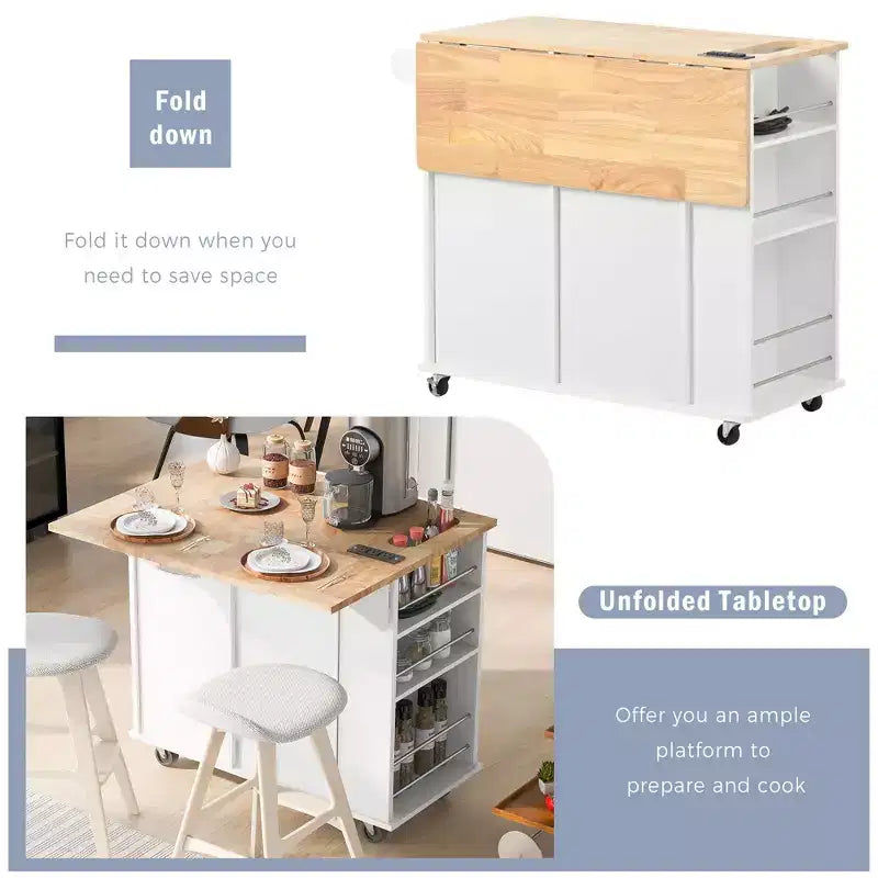 Rolling Kitchen Island with Drop Leaf and Power Outlet