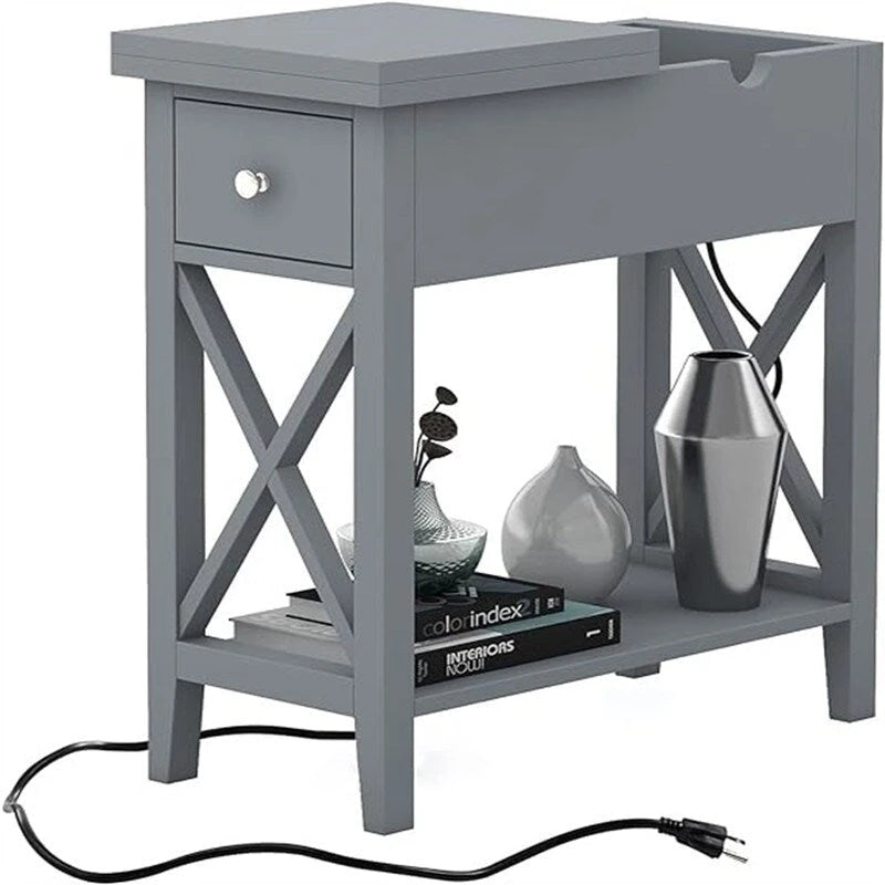Narrow End Table with Flip Top Drawer and Charging Station