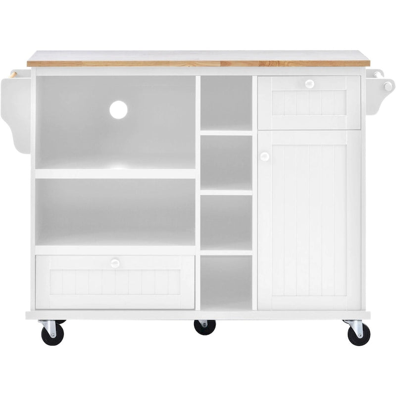 Rolling Kitchen Island Cart with Open Shelves Drawers Cabinet and Microwave Space
