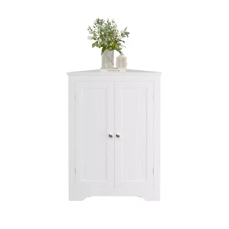 MAYEERTY White Floor Corner Cabinet with 2 Doors & Adjustable Shelves for Bathroom Kitchen Living Room