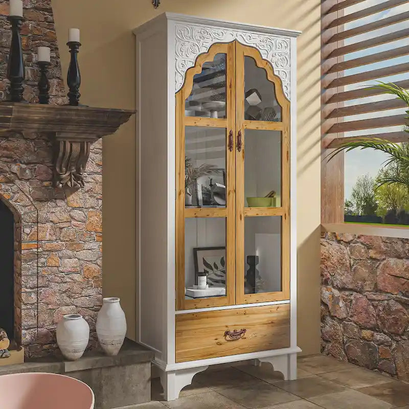Oak Finish Tall Display Cabinet with Drawer - 70.9H x 31.5W