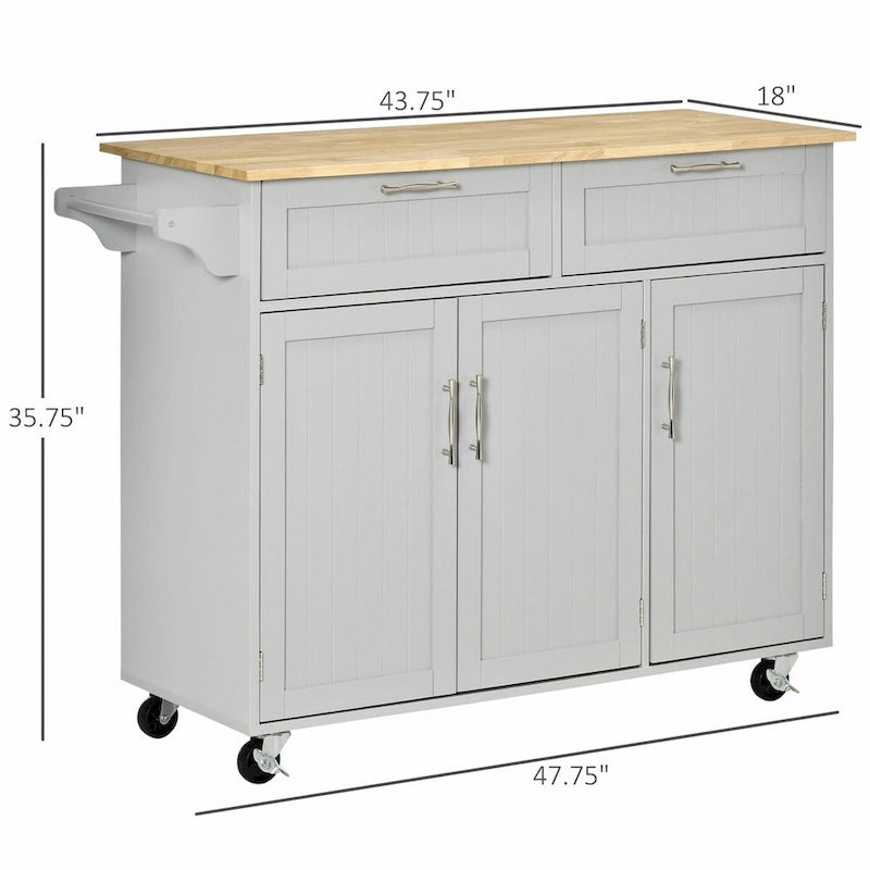 Rolling Kitchen Island Cart with Natural Wood Top 2 Drawers 3 Cabinets and Towel Rack