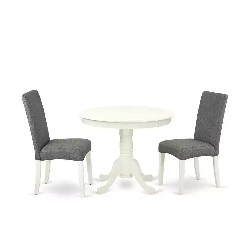 Round Dining Table Set 36 Inch - 3Pc Table & 2 Parsons Chairs - Linen White Legs - Gray Fabric