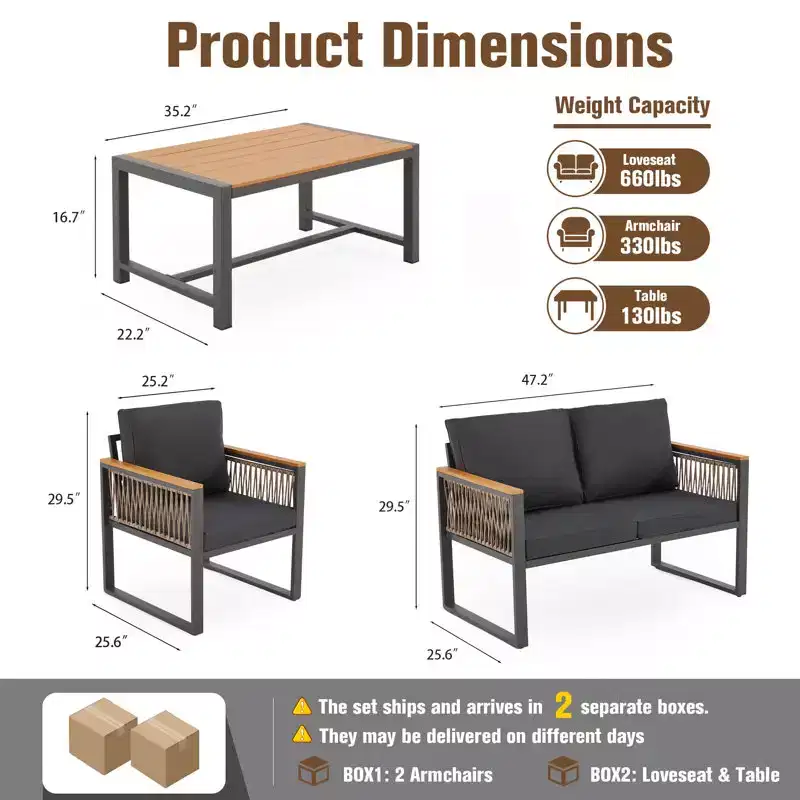 EROMMY 4pcs Modern Metal Patio Furniture Set, All-Weather Outdoor Conversation Set with Removable Washable Cushions & PE Woven Rattan