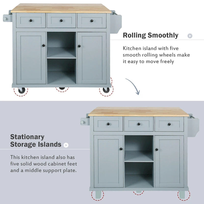 White Rolling Kitchen Island Cart with 5 Wheels Drop Leaf Rubberwood Top 3 Drawers and Spice Rack