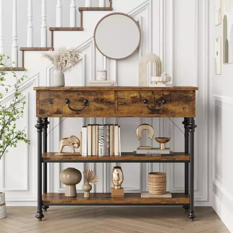 Slim Console Table with 2 Drawers and Open Shelves, Brown