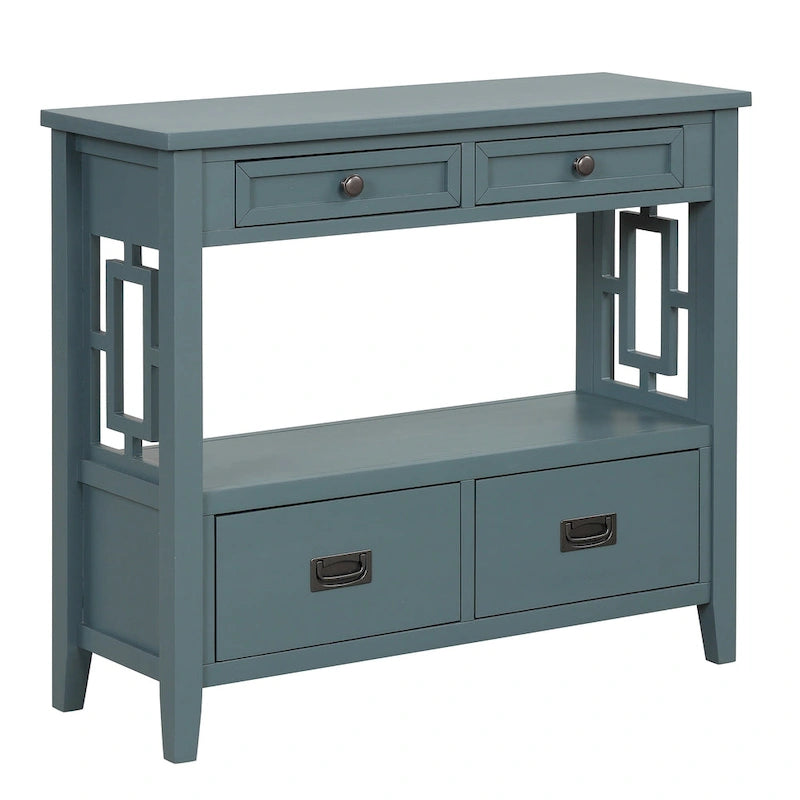 36 in. Farmhouse Pine Wood Console Table with 4 Drawers and Open Shelf