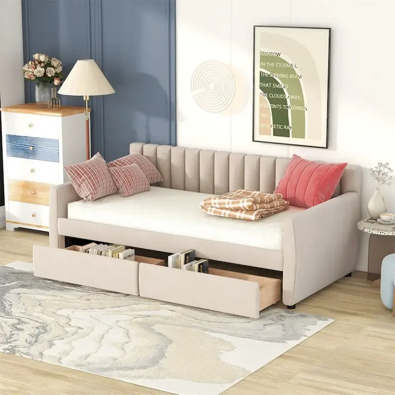 Grey / Beige Upholstered Daybed with 2 Drawers – Twin / Full, 1–2 Person