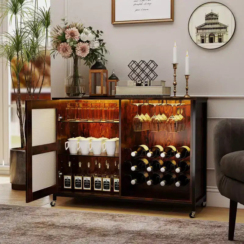 Costway Bar Cabinet w/ Wheels LED Lights Storage Shelves Glass Holders Drinks Racks