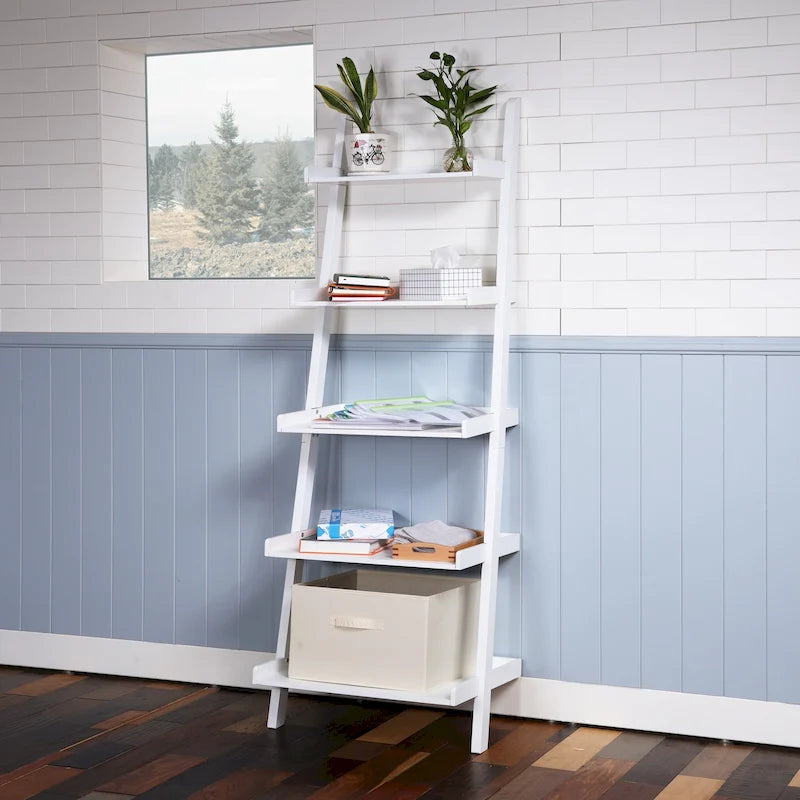 5-Tier Leaning Ladder Shelf Bookcase with Solid Wood Legs