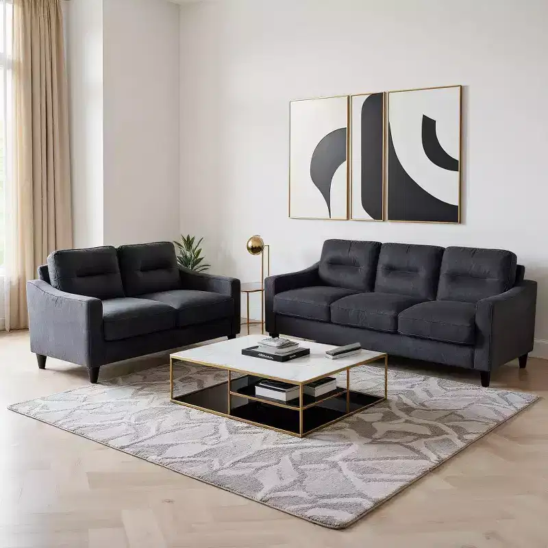 PexFix Modern Velvet Upholstered 3 Set Sectional Couches 3-Seater Sofa Loveseat and Single Chair with Solid Wood Frame for Living Room Apartment Black