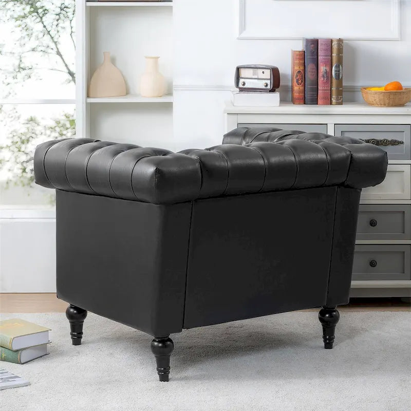 PU Leather Accent Arm Chair with Silver Stud Trim and Wood Legs