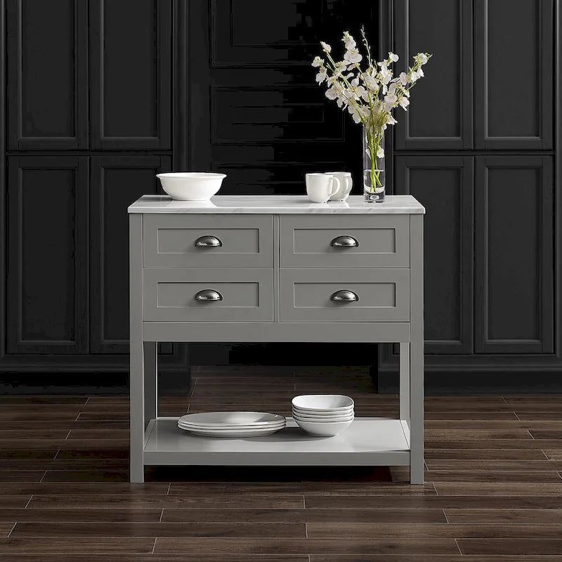 Modern Farmhouse Kitchen Island Cart with 4 Drawers Faux Marble Top and Casters