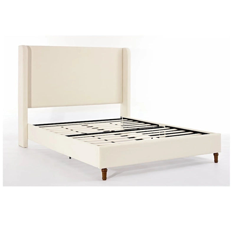 Tall Wingback Boucle Upholstered Bed Frame with Wooden Slat Base