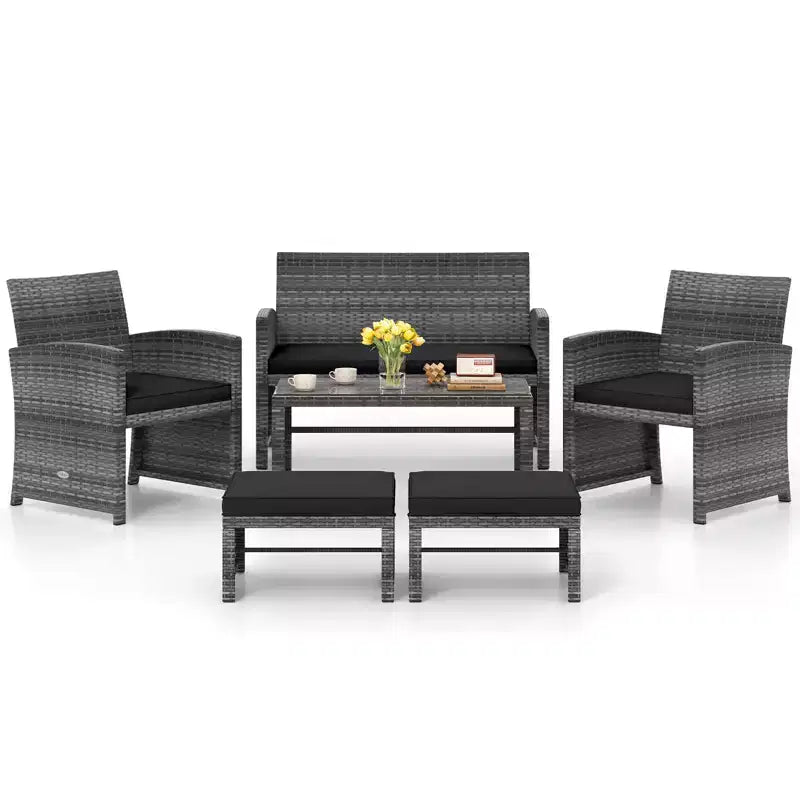 Costway 6PCS Patio Furniture Set Outdoor Sectional Conversation PE Rattan Sofa Set Black/Gray/Navy/Red/White/Turquoise